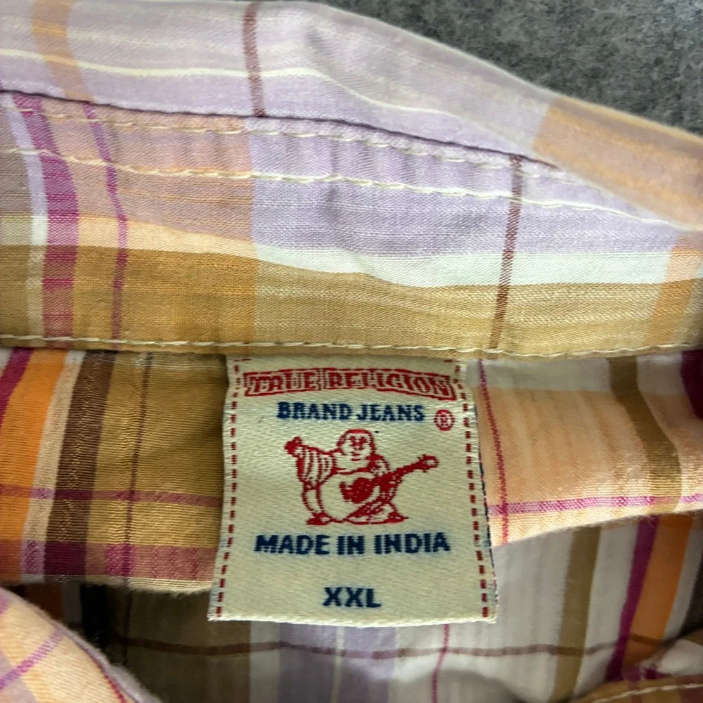 True Religion Mens XXL Western Snap Plaid Shirt Orange Purple Cotton Long Sleeve